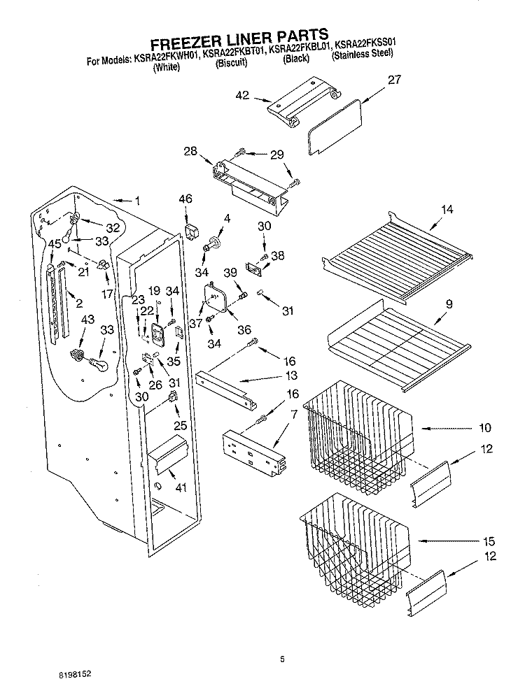 FREEZER LINER PARTS Diagram and Parts List for KSRA22FKWH01  KitchenAid Refrigerator