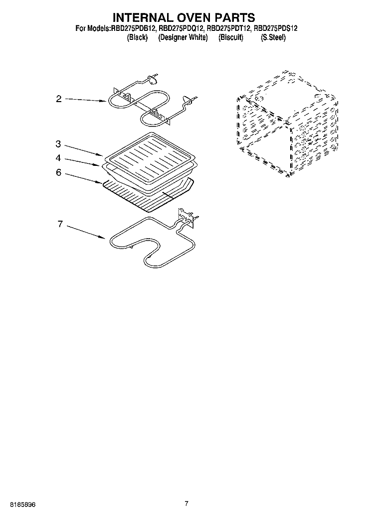 INTERNAL OVEN Diagram and Parts List for RBD275PDQ12  Whirlpool Wall Oven
