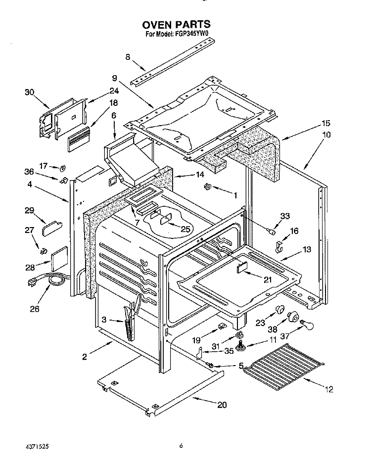 OVEN Diagram and Parts List for FGP345YW0  Roper Range