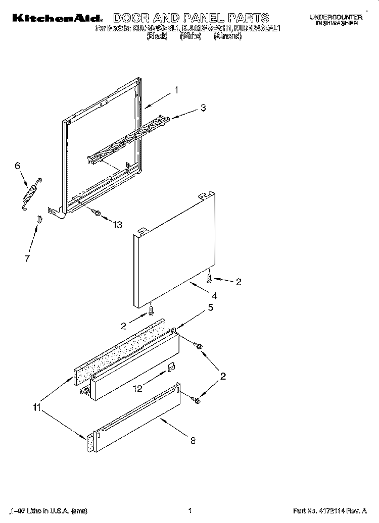 DOOR AND PANEL Diagram and Parts List for KUDM24SEWH1  KitchenAid Dishwasher