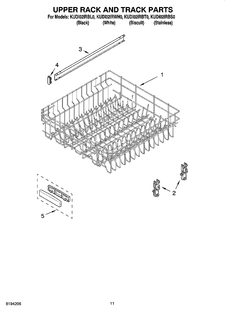 UPPER RACK AND TRACK PARTS Diagram and Parts List for KUDI02IRBT0  KitchenAid Dishwasher