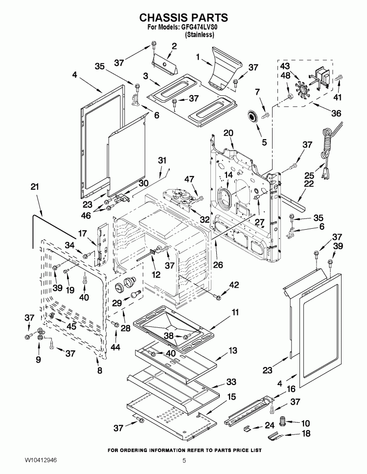 CHASSIS PARTS Diagram and Parts List for GFG474LVS0  Whirlpool Range