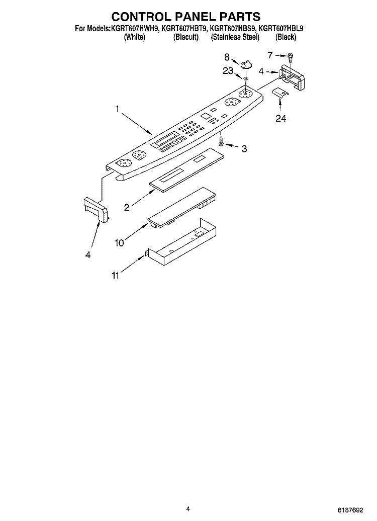 CONTROL PANEL Diagram and Parts List for KGRT607HBS9  KitchenAid Range
