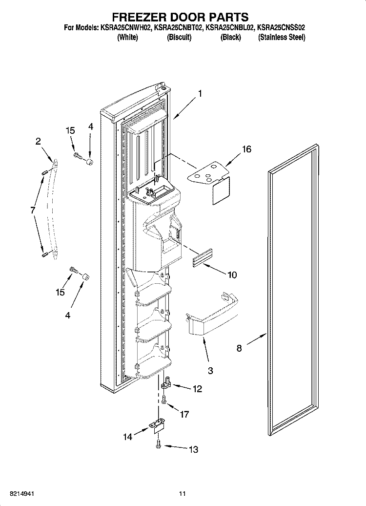 FREEZER DOOR PARTS Diagram and Parts List for KSRA25CNBL02  KitchenAid Refrigerator