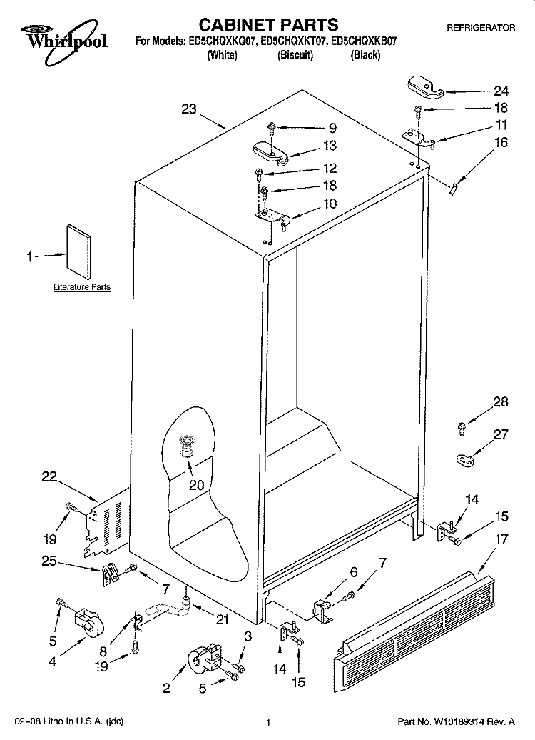 CABINET PARTS Diagram and Parts List for ED5CHQXKT07  Whirlpool Refrigerator