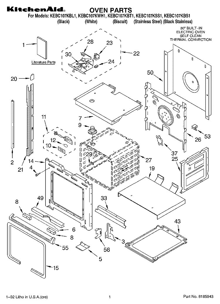 OVEN, LITERATURE Diagram and Parts List for KEBC107KBL1  KitchenAid Wall Oven
