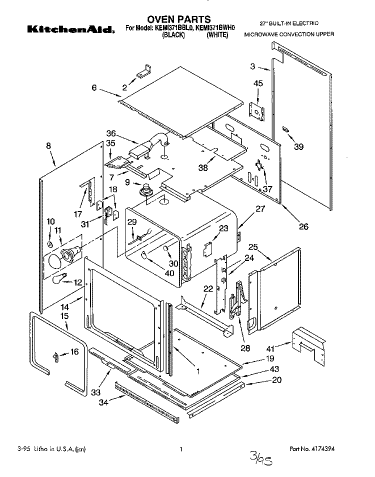 OVEN Diagram and Parts List for KEMI371BBL0  KitchenAid Wall Oven
