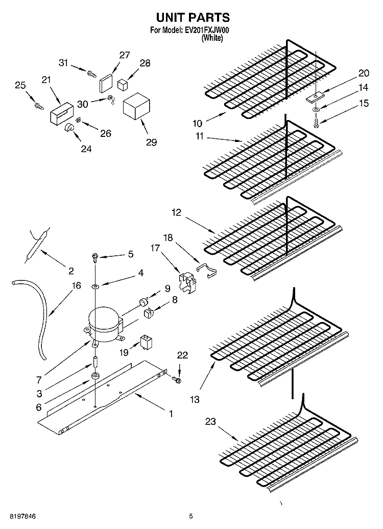 UNIT Diagram and Parts List for EV201FXJW00  Whirlpool Freezer