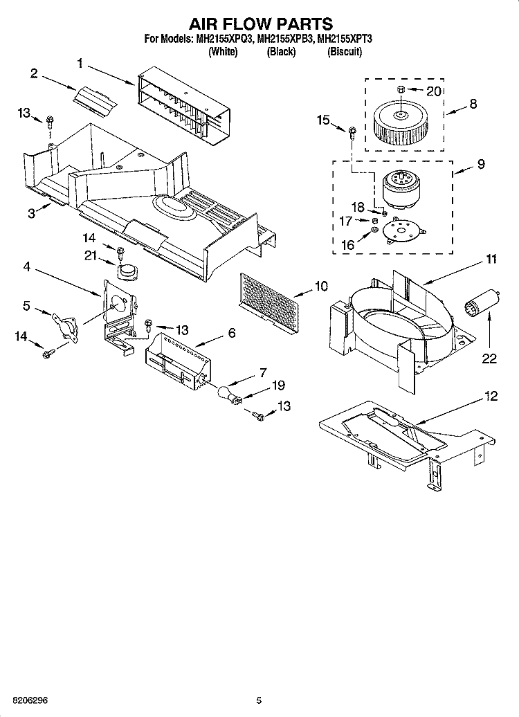AIR FLOW PARTS Diagram and Parts List for MH2155XPQ3  Whirlpool Microwave