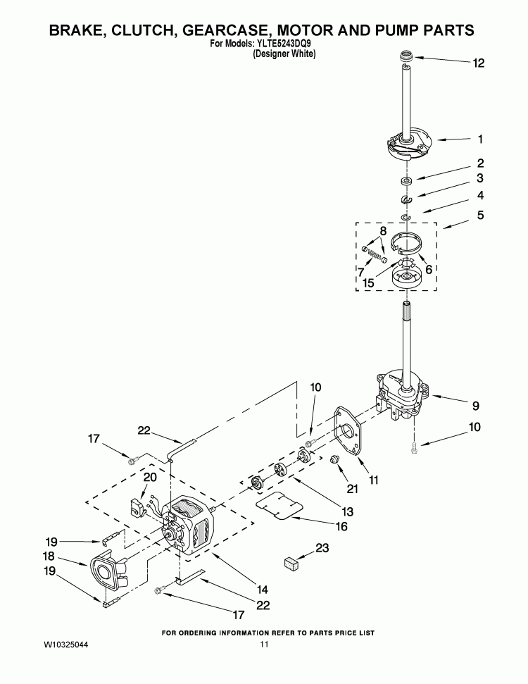 BRAKE, CLUTCH, GEARCASE, MOTOR AND PUMP PARTS Diagram and Parts List for YLTE5243DQ9  Whirlpool Washer Dryer Combo