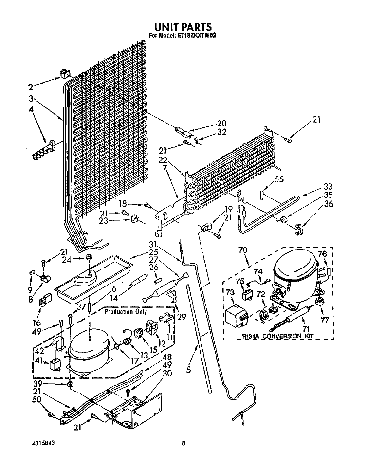 UNIT Diagram and Parts List for ET18ZKXTM02  Whirlpool Refrigerator