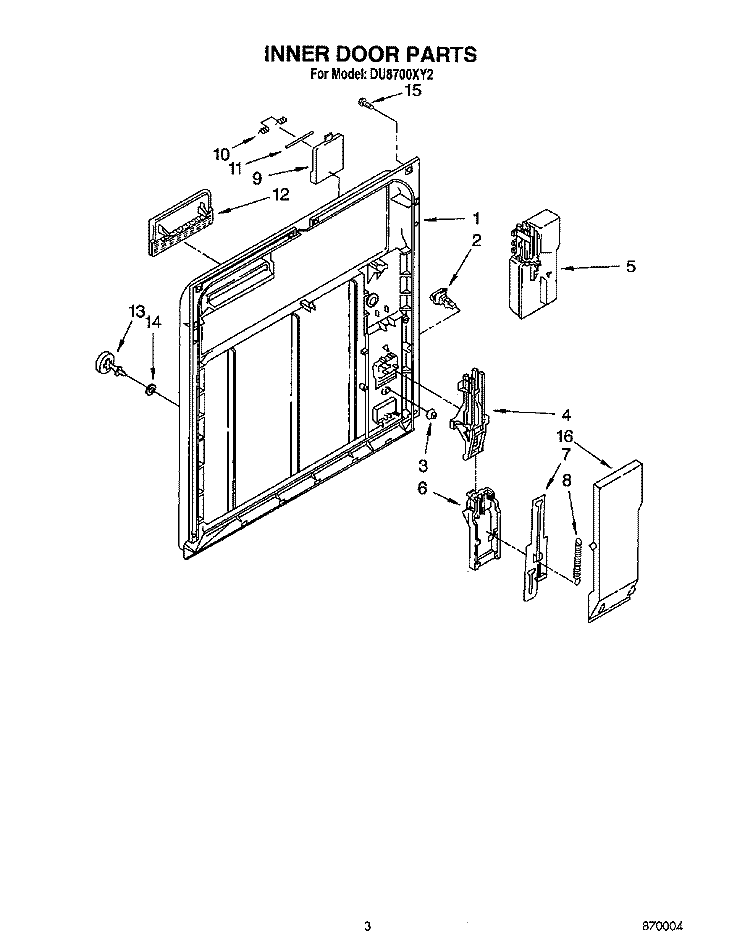 INNER DOOR Diagram and Parts List for DU8700XY2  Whirlpool Dishwasher
