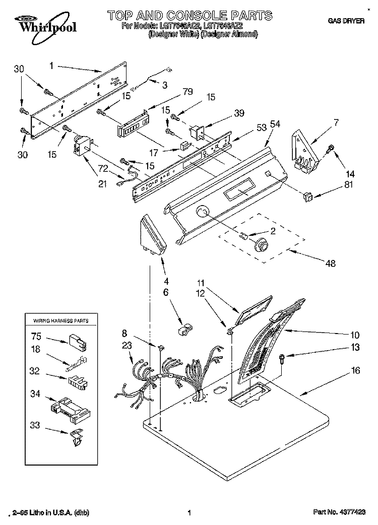 TOP AND CONSOLE, LIT/OPTIONAL Diagram and Parts List for LGT7646AZ2  Whirlpool Dryer