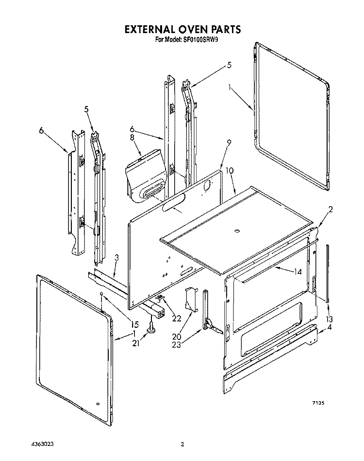 EXTERNAL OVEN Diagram and Parts List for SF0100SRW9  Whirlpool Range