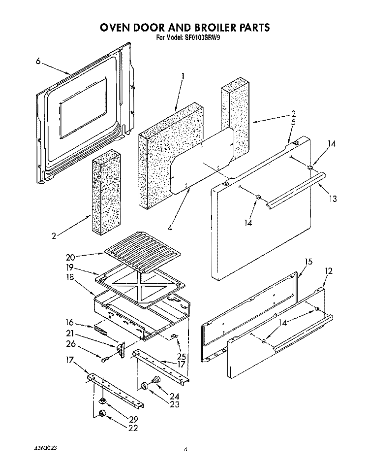 OVEN DOOR AND BROILER Diagram and Parts List for SF0100SRW9  Whirlpool Range
