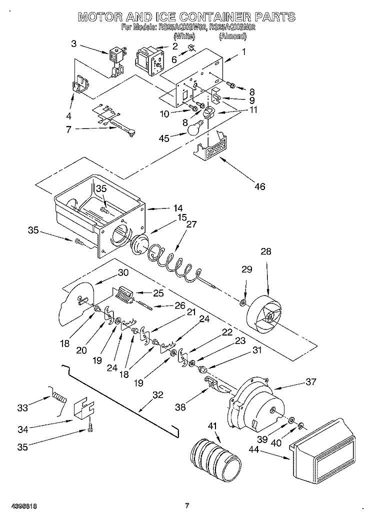 MOTOR AND ICE CONTAINER Diagram and Parts List for RS25AQXGW02  Roper Refrigerator