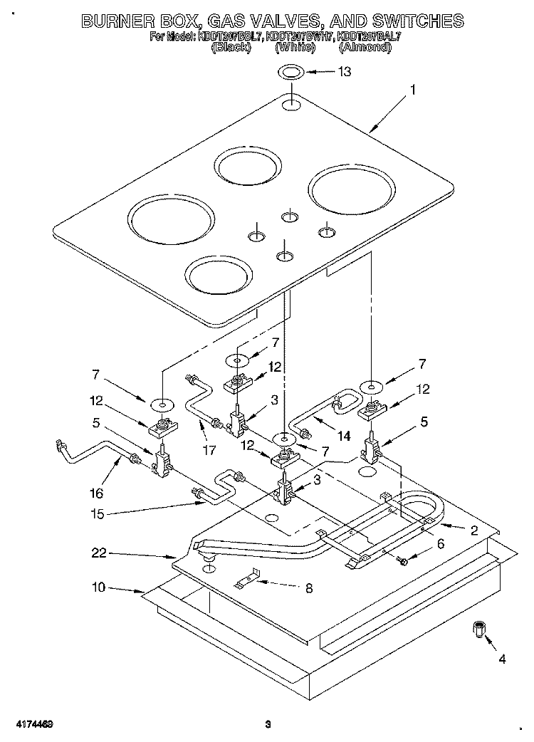 BURNER BOX, GAS VALVES, AND SWITCHES Diagram and Parts List for KDDT207BAL7  KitchenAid Range