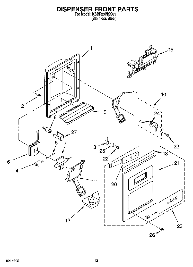 DISPENSER FRONT PARTS Diagram and Parts List for KSBP23INSS01  KitchenAid Refrigerator