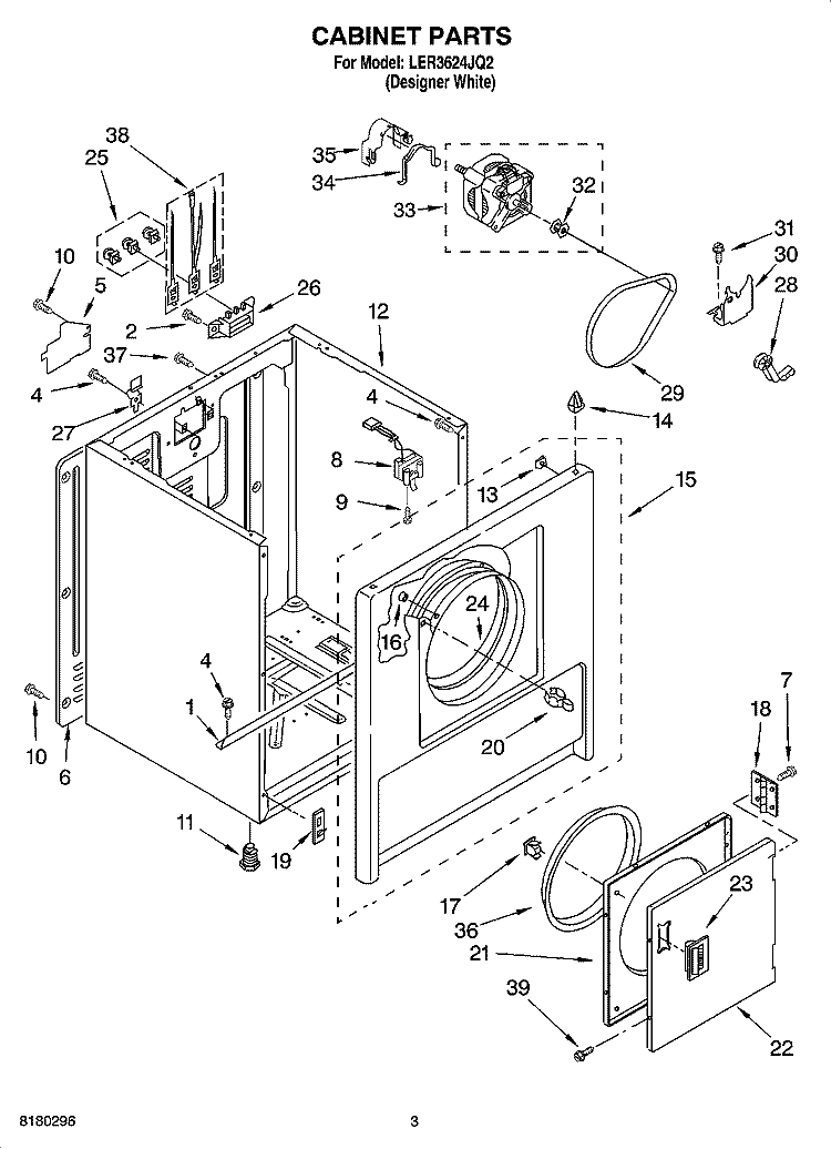 CABINET PARTS Diagram and Parts List for LER3624JQ2  Whirlpool Dryer