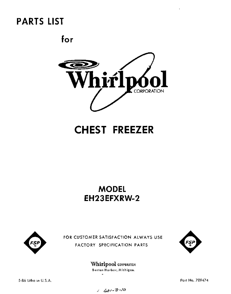 SECTION Diagram and Parts List for EH23EFXRW2  Whirlpool Freezer