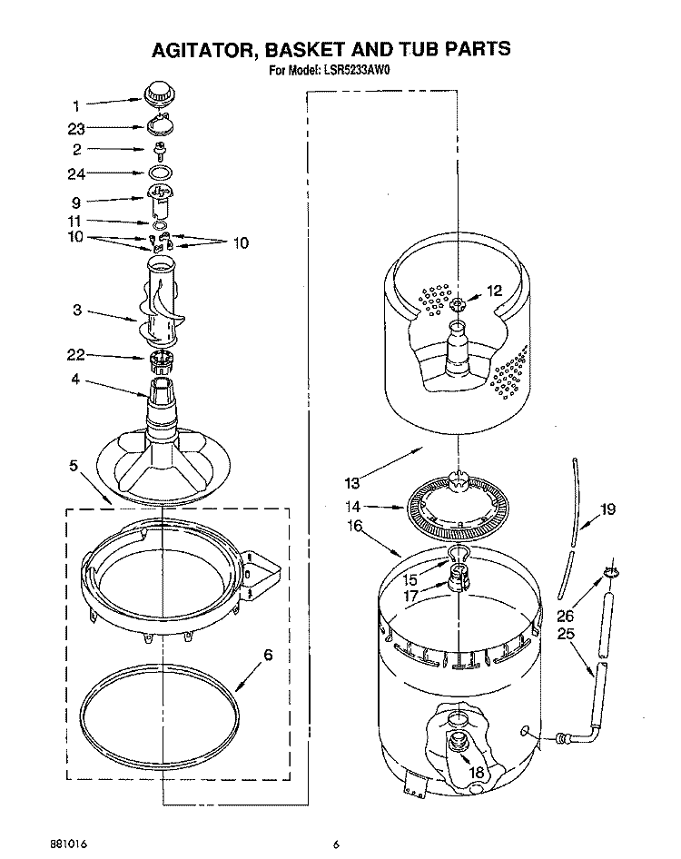 AGITATOR, BASKET AND TUB Diagram and Parts List for LSR5233AN0  Whirlpool Washer