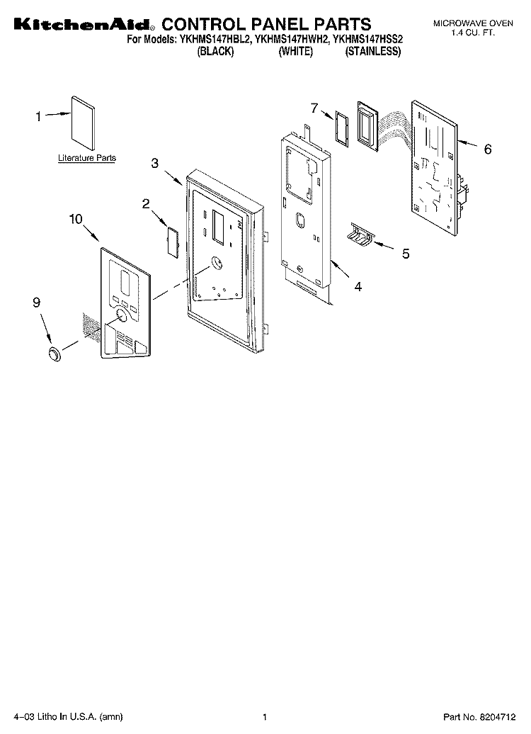 CONTROL PANEL PARTS Diagram and Parts List for YKHMS147HWH2  KitchenAid Microwave