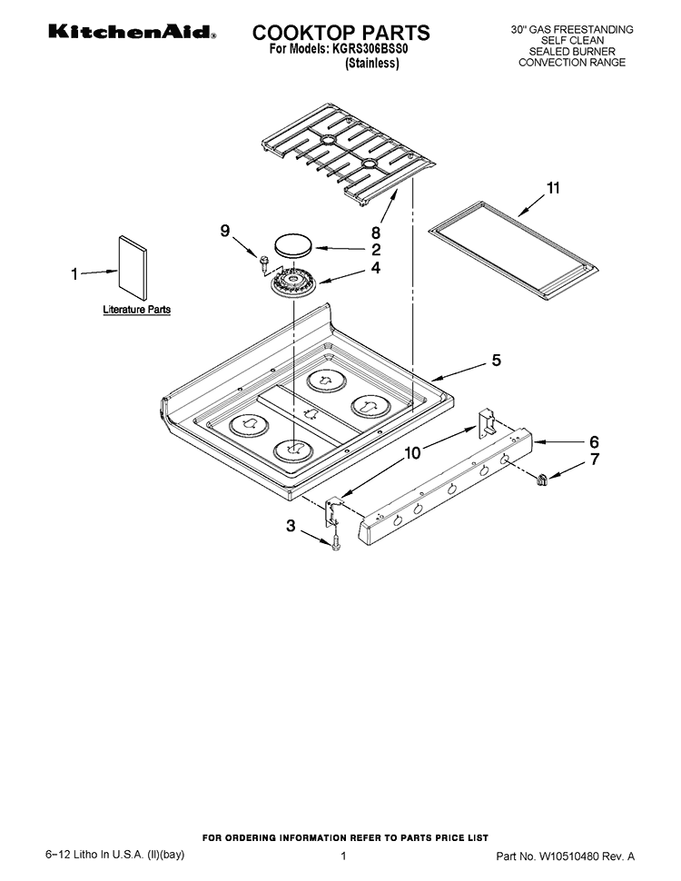 COOKTOP PARTS Diagram and Parts List for KGRS306BSS0  KitchenAid Range