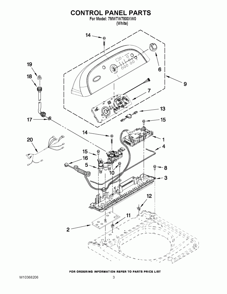CONTROL PANEL PARTS Diagram and Parts List for 7MWTW7800XW0  Whirlpool Washer