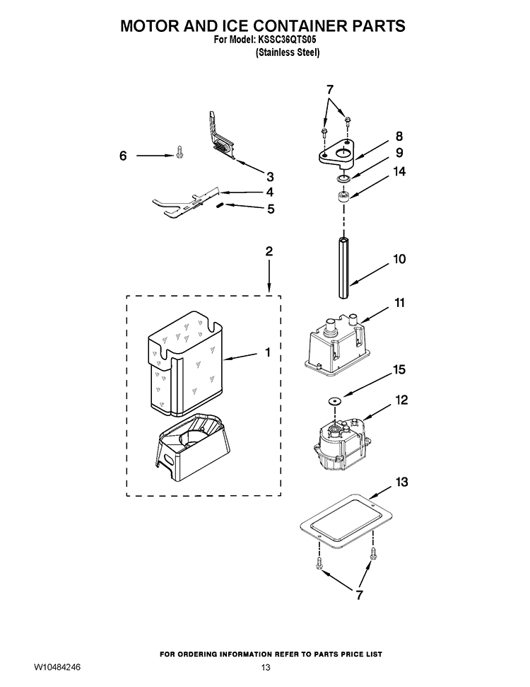 MOTOR AND ICE CONTAINER PARTS Diagram and Parts List for KSSC36QTS05  KitchenAid Refrigerator