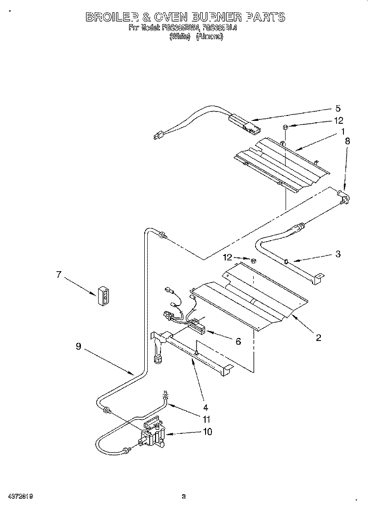 BROILER AND OVEN BURNER Diagram and Parts List for FGS385BL4  Roper Range