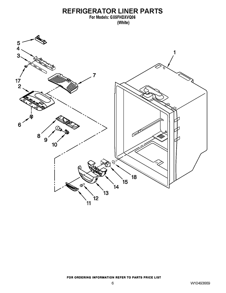 REFRIGERATOR LINER PARTS Diagram and Parts List for GX5FHDXVQ06  Whirlpool Refrigerator