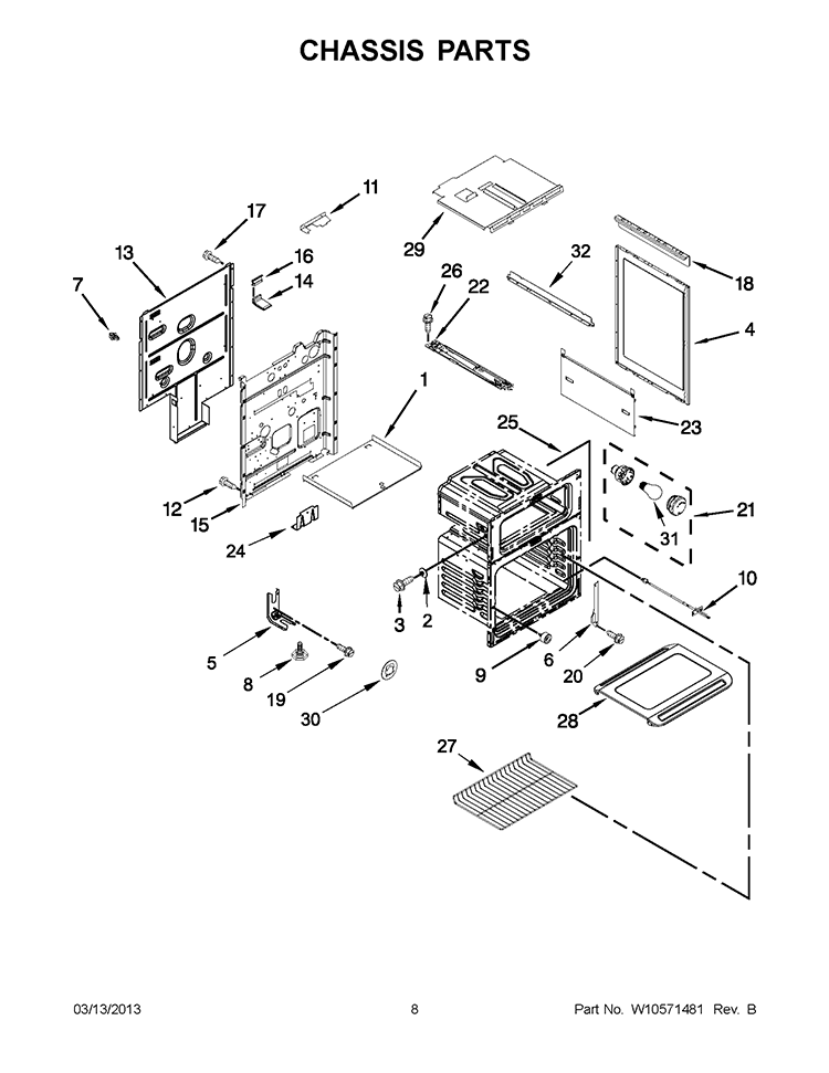 CHASSIS PARTS Diagram and Parts List for GGG388LXQ05  Whirlpool Range
