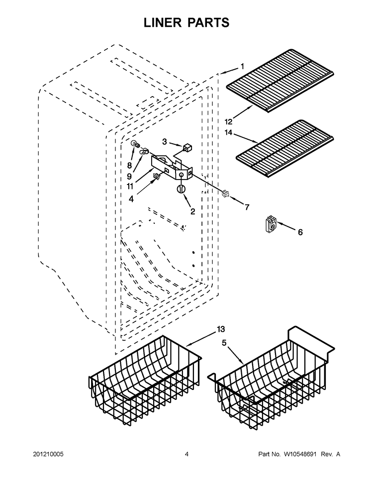 LINER PARTS Diagram and Parts List for EV250NXTQ03  Whirlpool Freezer