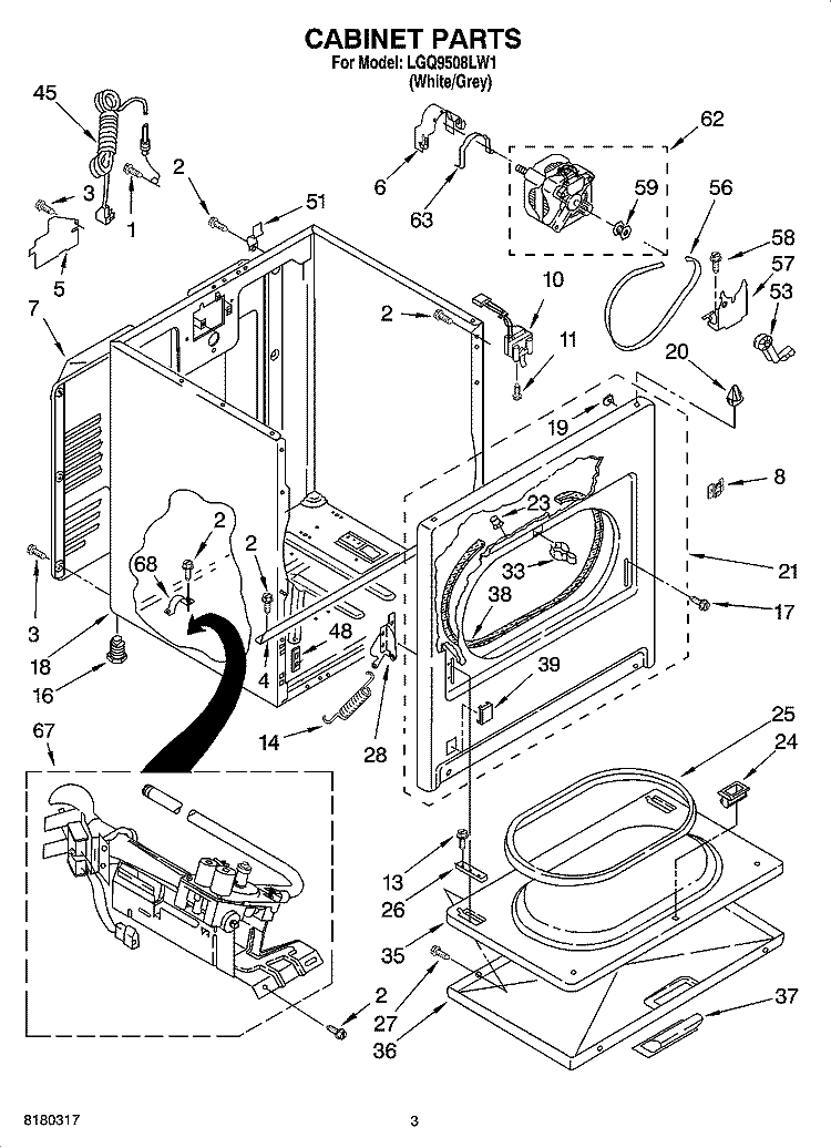CABINET PARTS Diagram and Parts List for LGQ9508LW1  Whirlpool Dryer