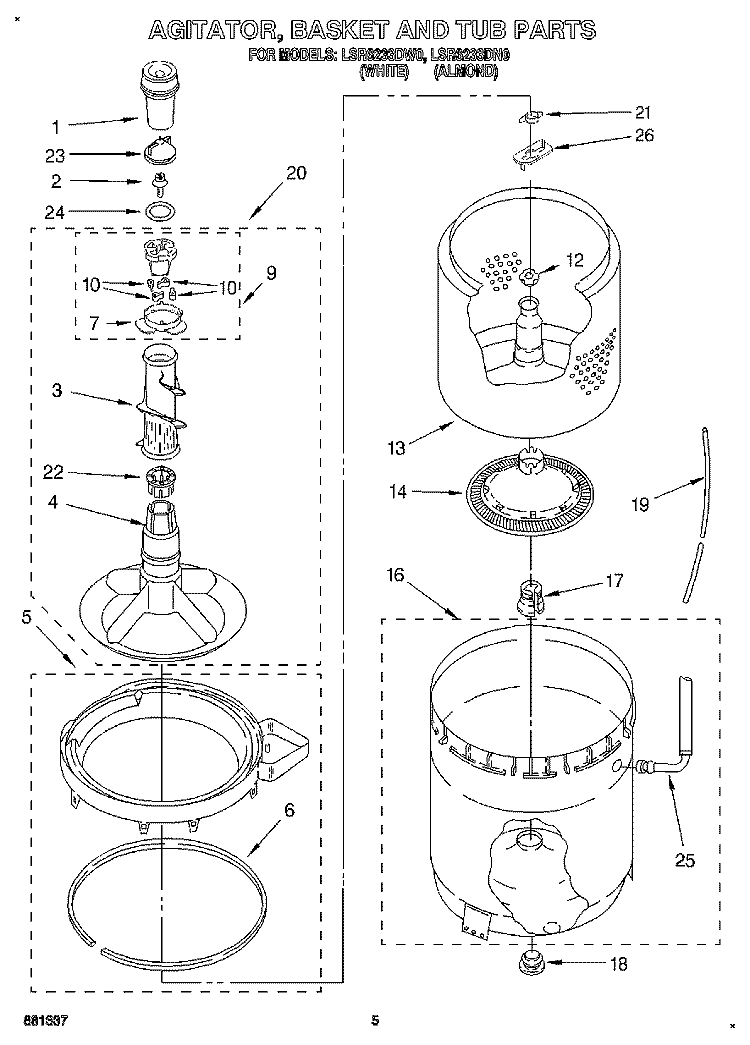 AGITATOR, BASKET AND TUB Diagram and Parts List for LSR6233DN0  Whirlpool Washer