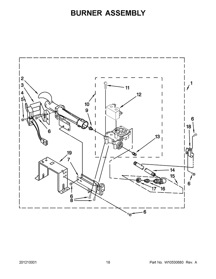 BURNER ASSEMBLY Diagram and Parts List for CGT8000AQ1  Whirlpool Washer Dryer Combo