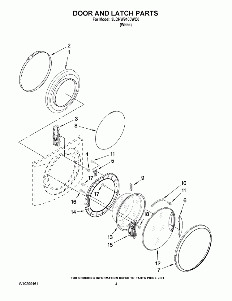 DOOR AND LATCH PARTS Diagram and Parts List for 3LCHW9100WQ0  Whirlpool Washer