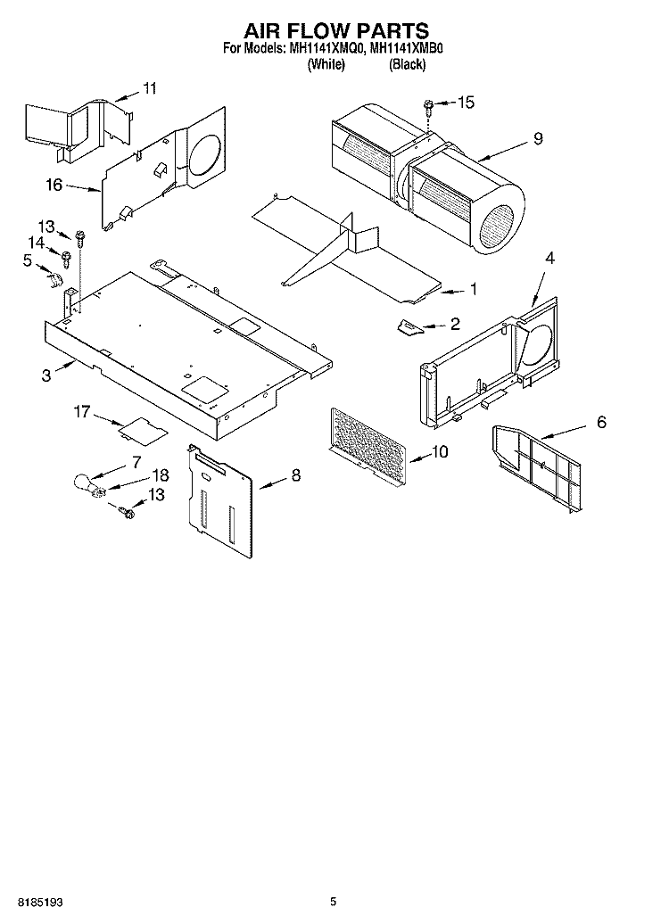 AIR FLOW PARTS Diagram and Parts List for MH1141XMB0  Whirlpool Microwave