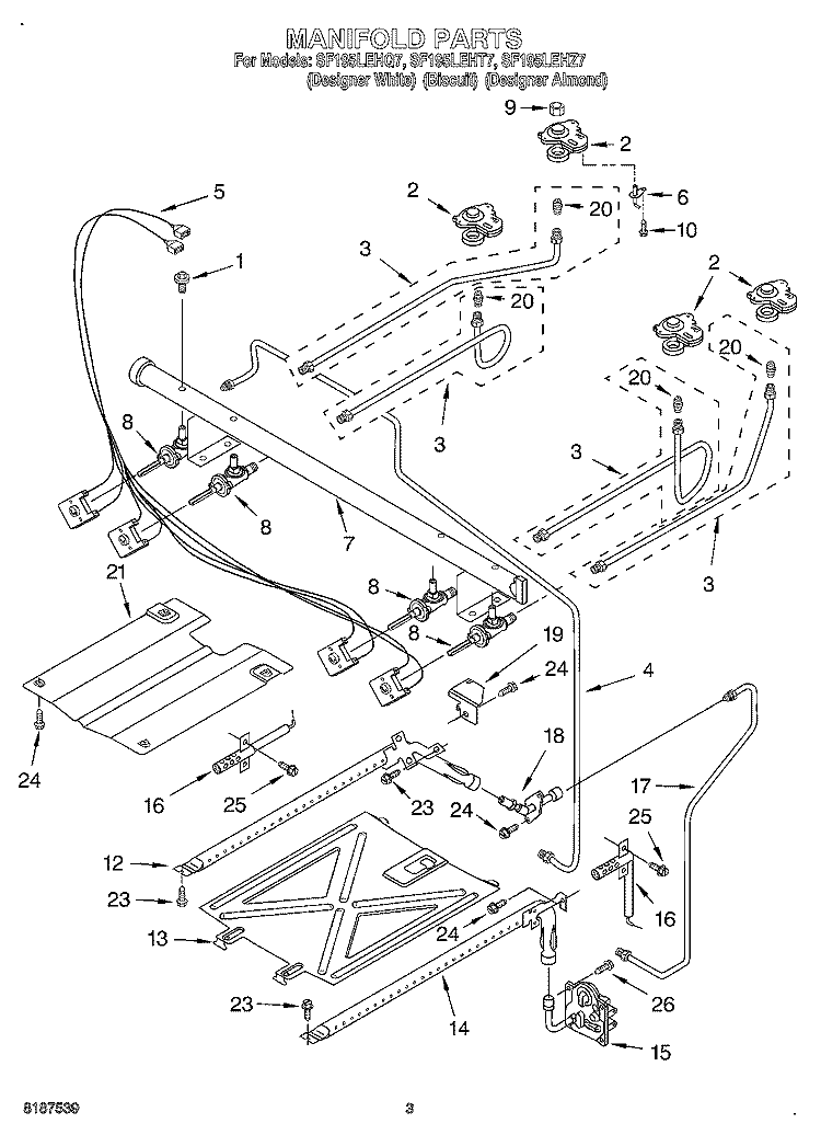 MANIFOLD Diagram and Parts List for SF197LEHZ7  Whirlpool Range