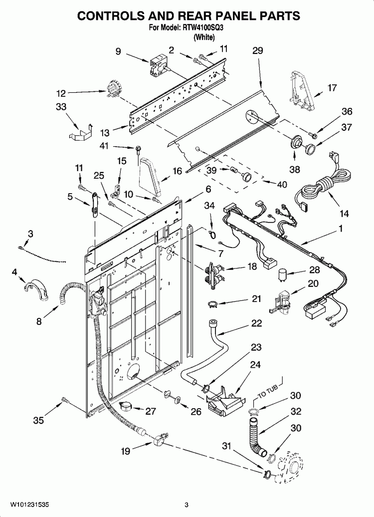 CONTROLS AND REAR PANEL PARTS Diagram and Parts List for RTW4100SQ3  Roper Washer