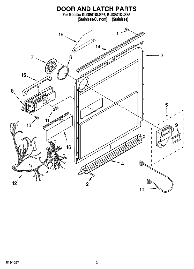 DOOR AND LATCH PARTS Diagram and Parts List for KUDS01DLSP6  KitchenAid Dishwasher