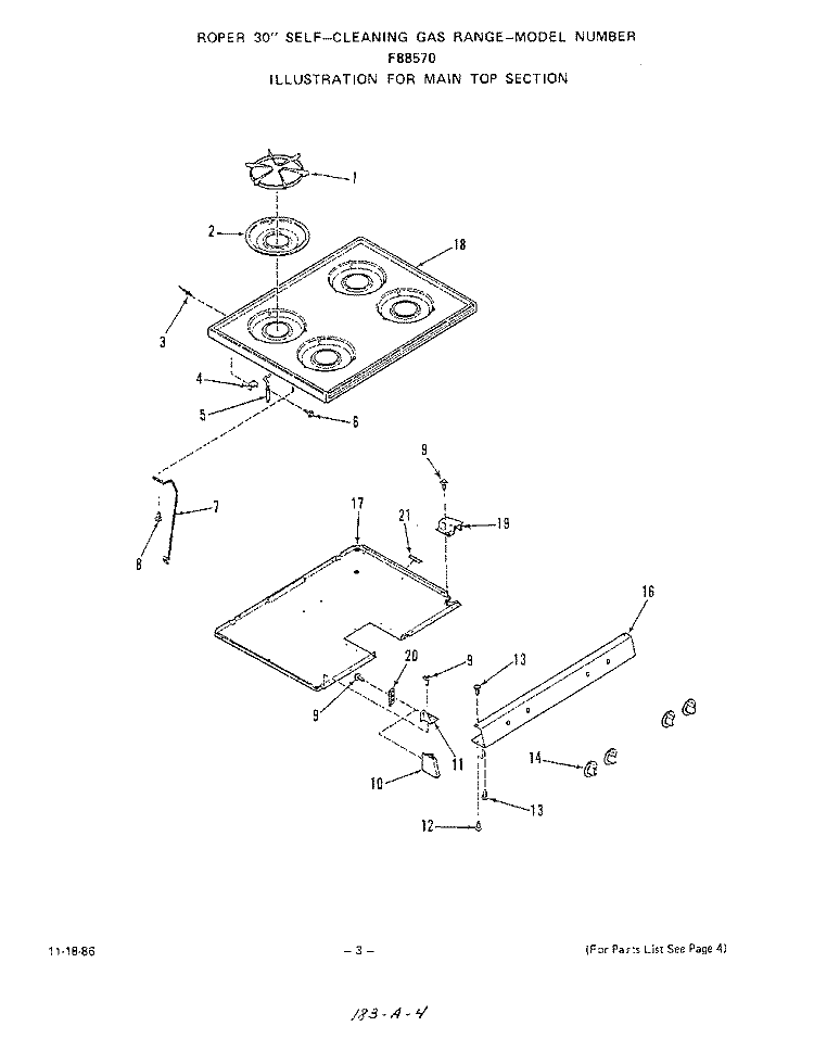 MAIN TOP Diagram and Parts List for F8857W0  Roper Range