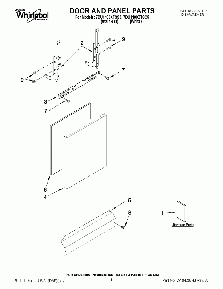 DOOR AND PANEL PARTS Diagram and Parts List for 7DU1100XTSS5  Whirlpool Dishwasher