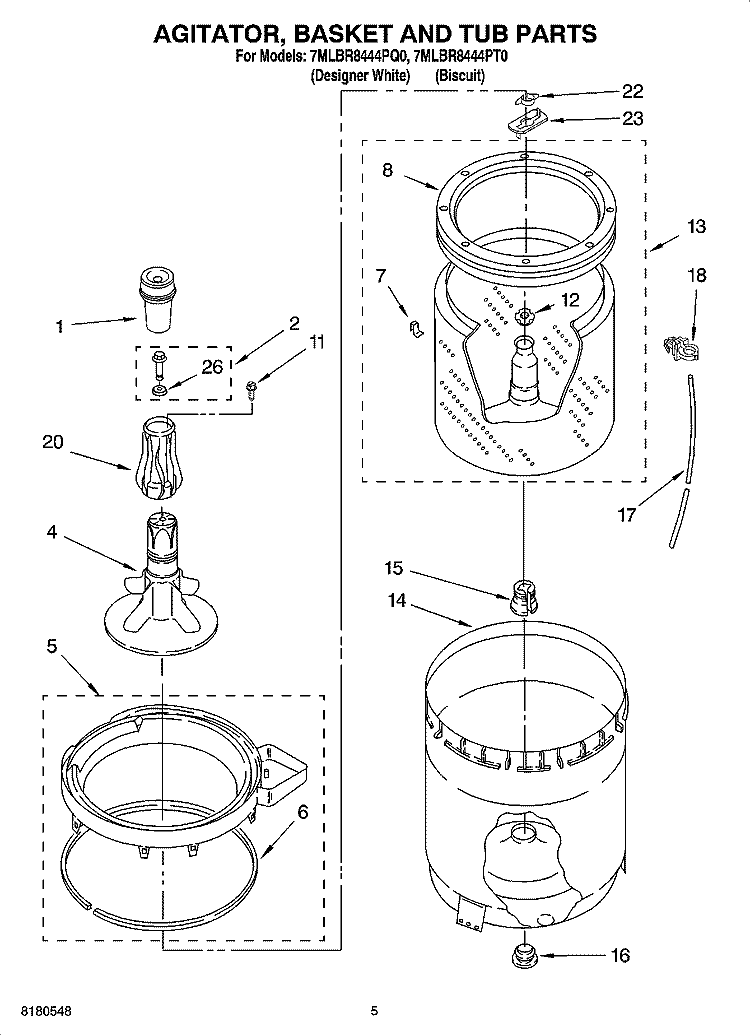 AGITATOR, BASKET AND TUB PARTS Diagram and Parts List for 7MLBR8444PQ0  Whirlpool Washer