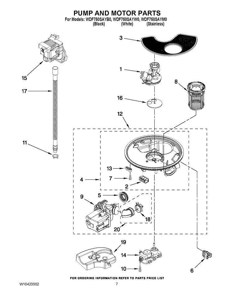 PUMP AND MOTOR PARTS Diagram and Parts List for WDF750SAYW0  Whirlpool Dishwasher