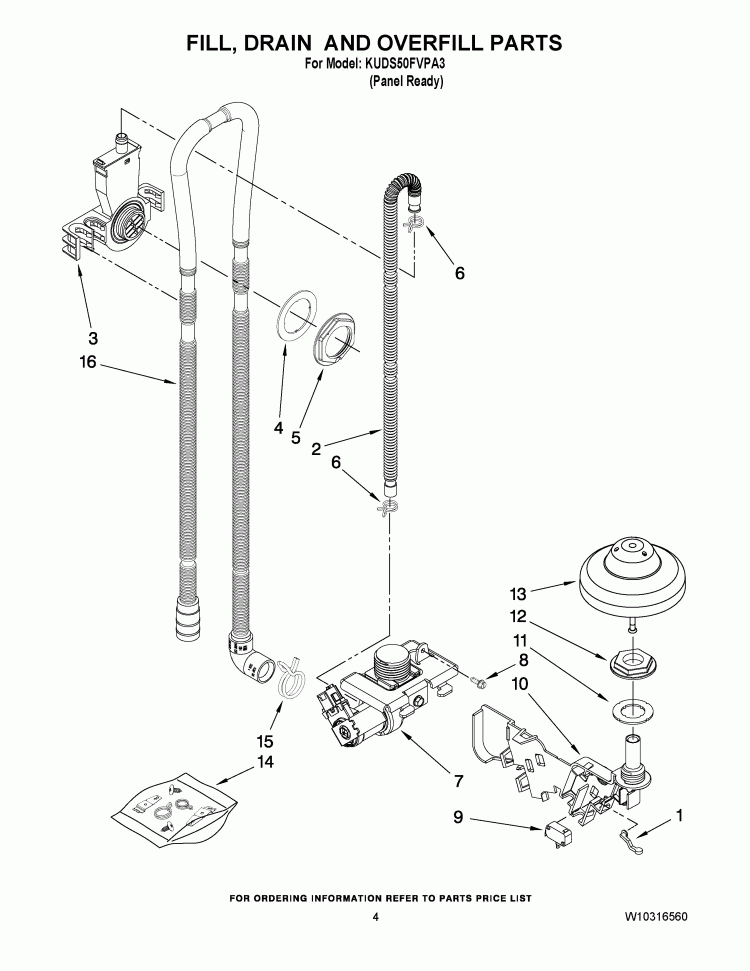 FILL, DRAIN AND OVERFILL PARTS Diagram and Parts List for KUDS50FVPA3  KitchenAid Dishwasher
