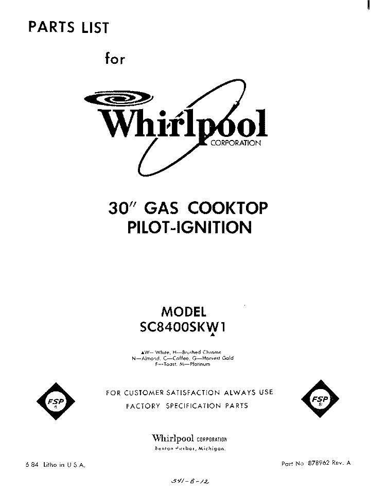SECTION Diagram and Parts List for SC8400SKW1  Whirlpool Cooktop