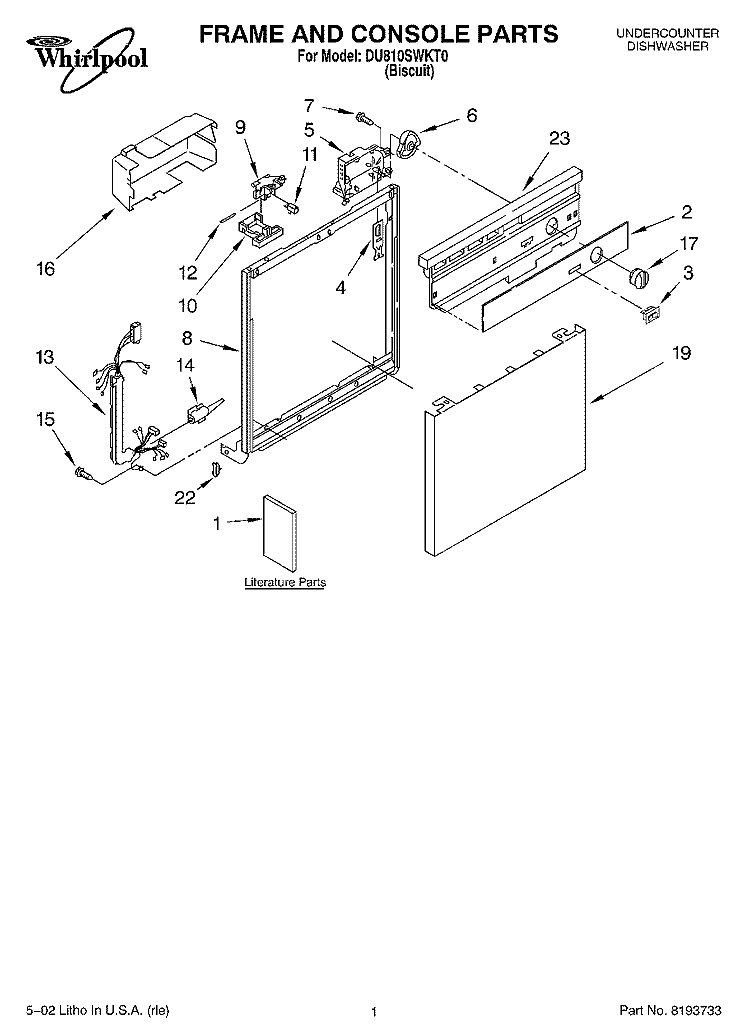 FRAME AND CONSOLE Diagram and Parts List for DU810SWKT0  Whirlpool Dishwasher