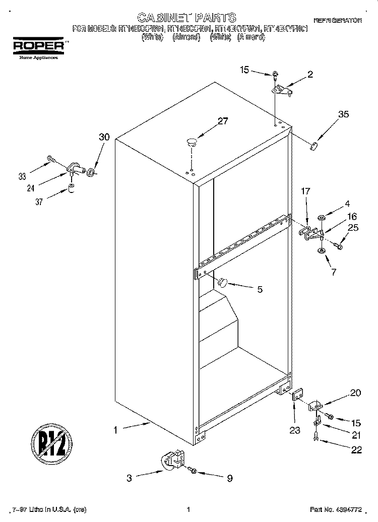 CABINET Diagram and Parts List for RT14BKYFW01  Whirlpool Refrigerator