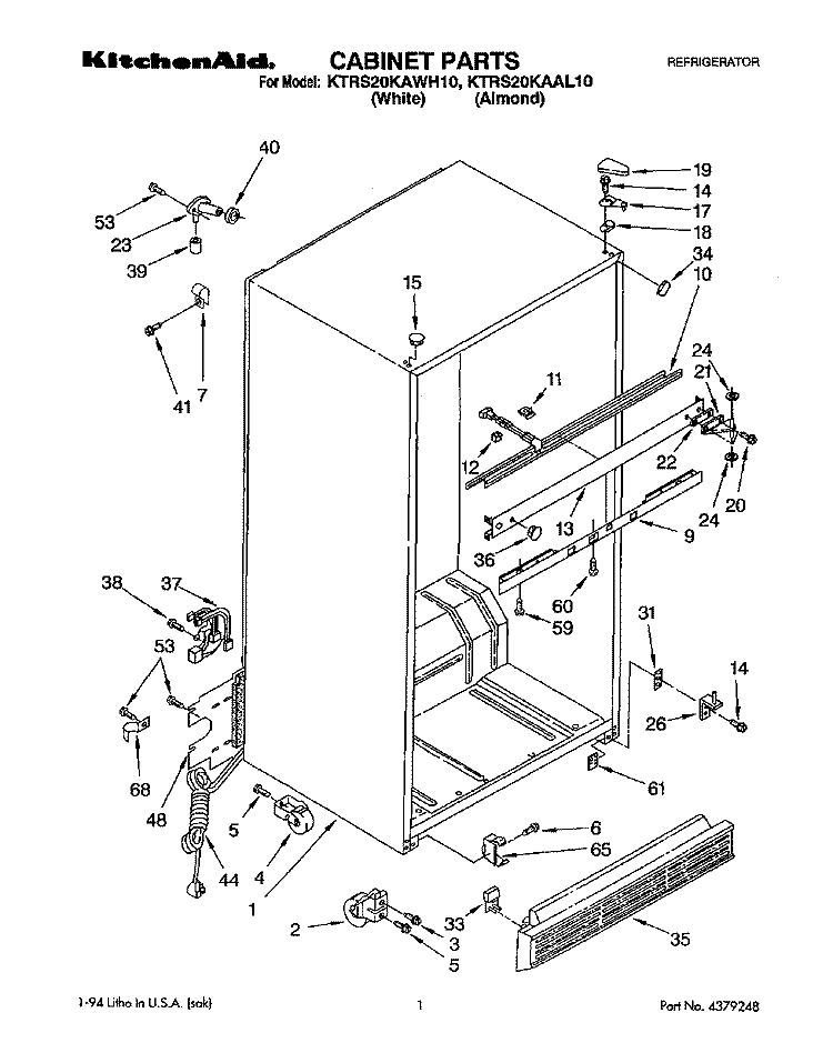 CABINET Diagram and Parts List for KTRS20KAWH10  KitchenAid Refrigerator